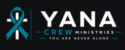 Logo of YANA Crew Ministries with a teal ribbon on a black background