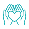 Two hands holding a heart shape in a teal color on a white background