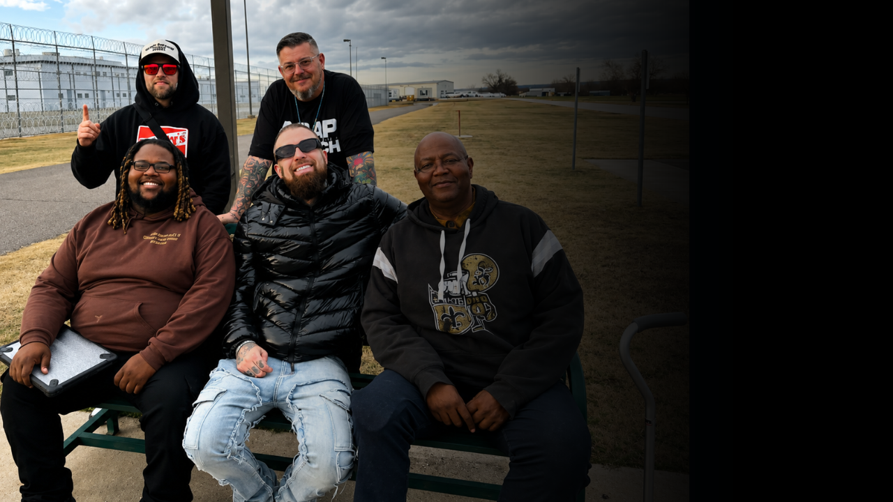 Four men sitting on a bench outdoors with a cloudy sky.