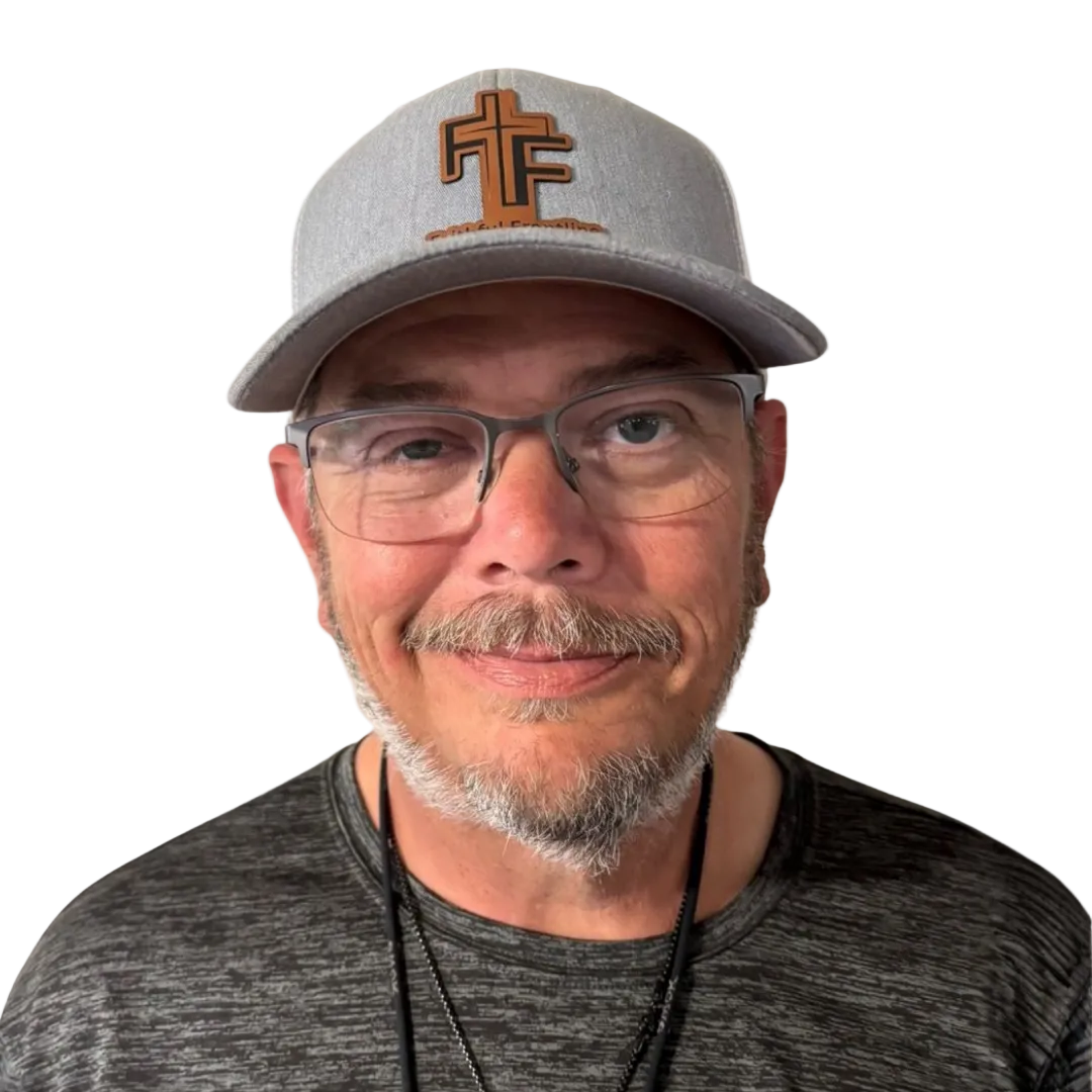Man wearing a cap with a logo on a white background