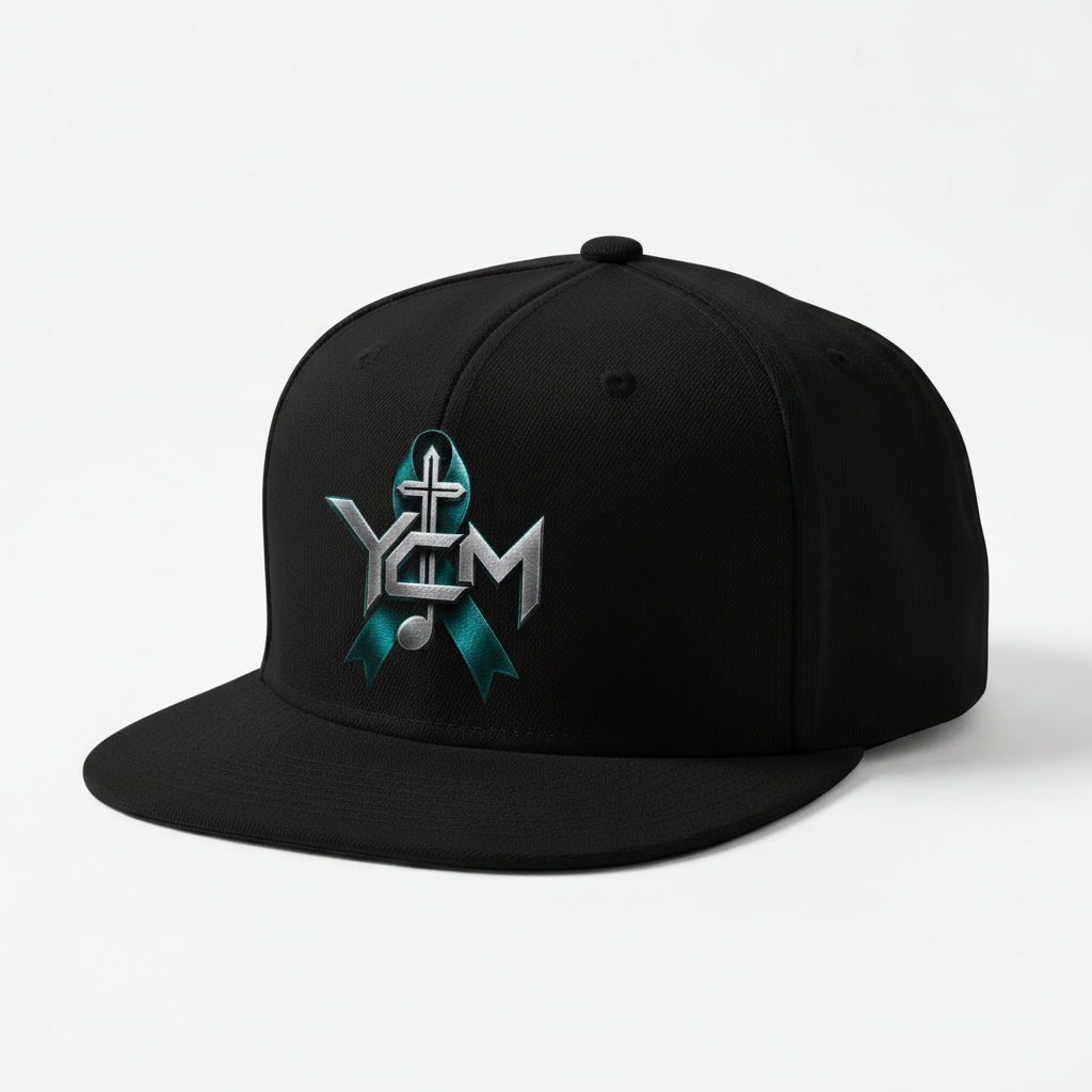 Black snapback hat with YCM logo embroidered on lower left side