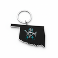 Oklahoma-shaped black enamel keychain with YCM logo