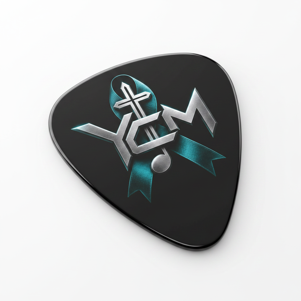 Black guitar pick with YCM logo printed on front