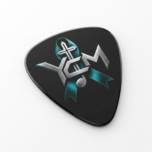 Black guitar pick with YCM logo printed on front